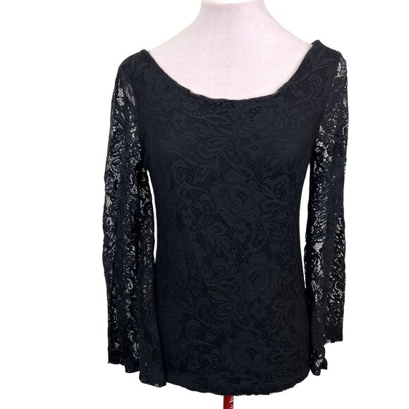 Witchy Boho Chic Black Lace Bell Sleeve Scooped Back Stretch Womens Top Medium - Picture 10 of 10